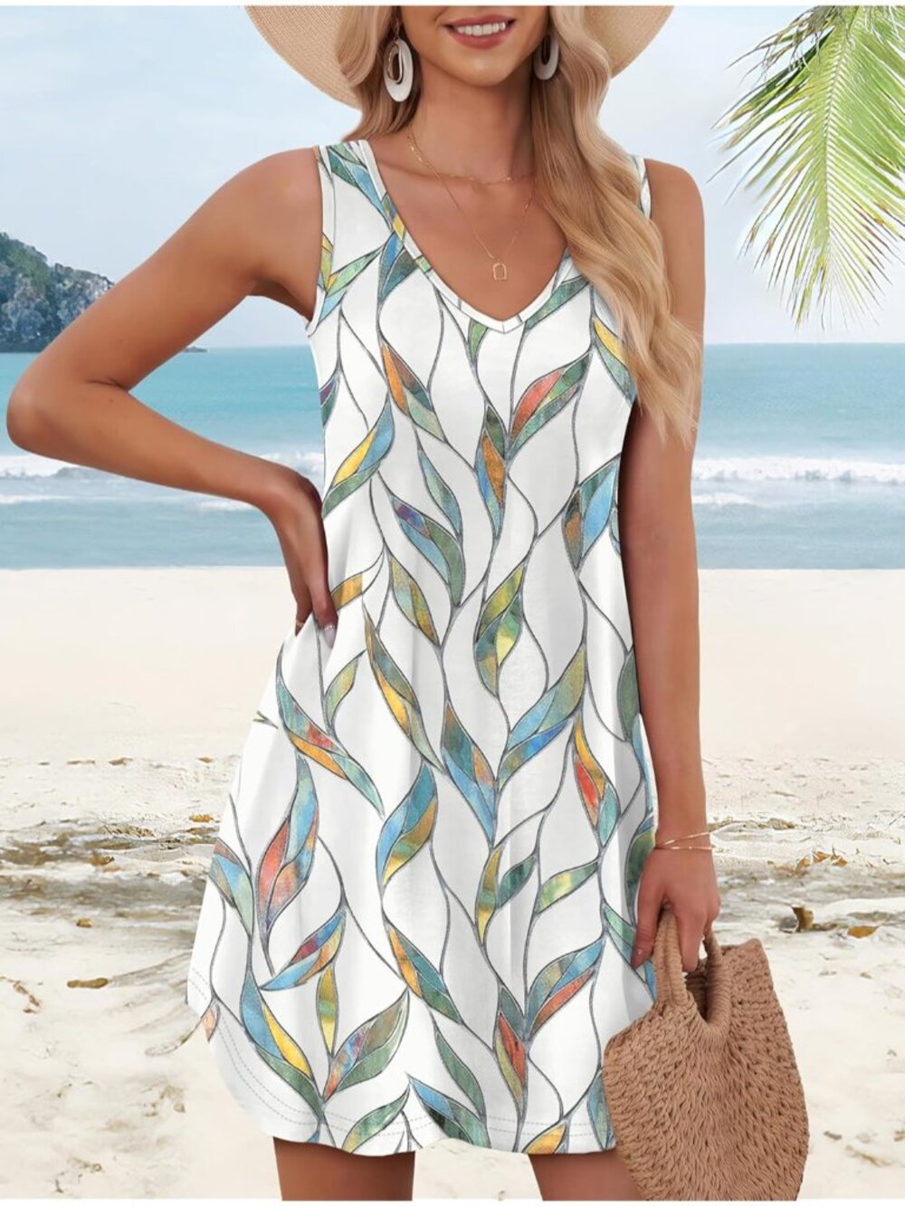 Women's Summer Dress Leaf V Neck Sleeveless Dress Sundresses Swimsuit Coverup - Picture 3 of 5